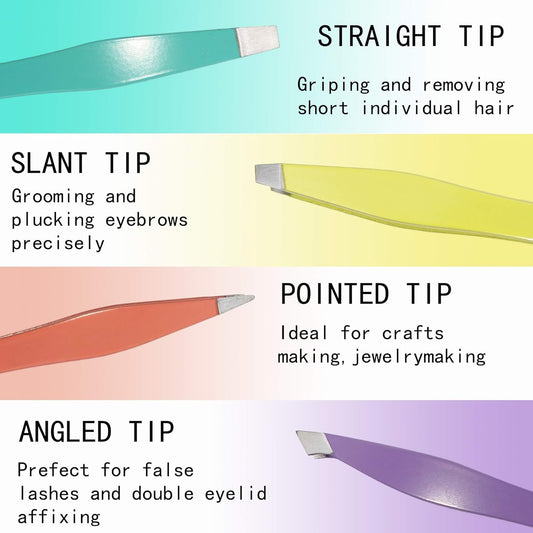 Mini Eyebrow Tweezer Set showcasing straight, slant, pointed, and angled tips for versatile grooming.