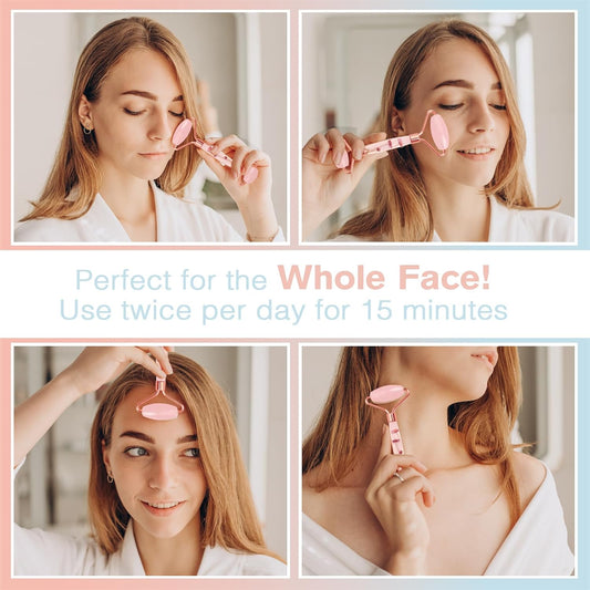 Deluxe Rose Quartz Facial Roller being used for whole face massage to promote skin radiance and relaxation.
