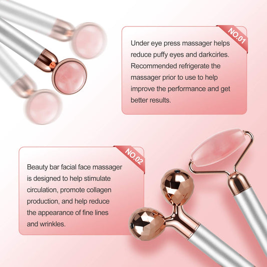 Vibrating Jade Face Massager displayed with information on benefits for dark circles and fine lines.