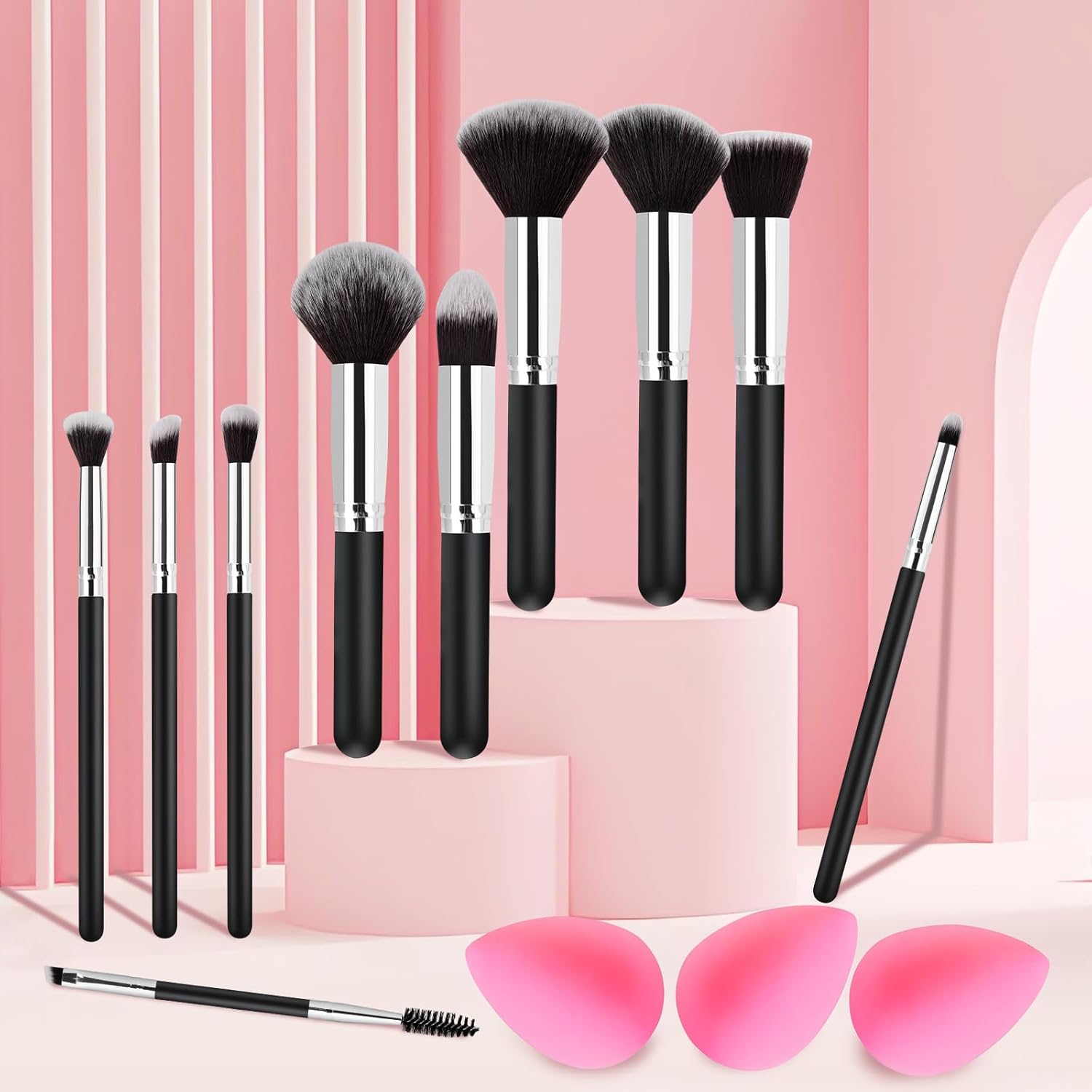 13-Piece Professional Makeup Brush Set displayed with soft bristles and elegant design on a pink background.