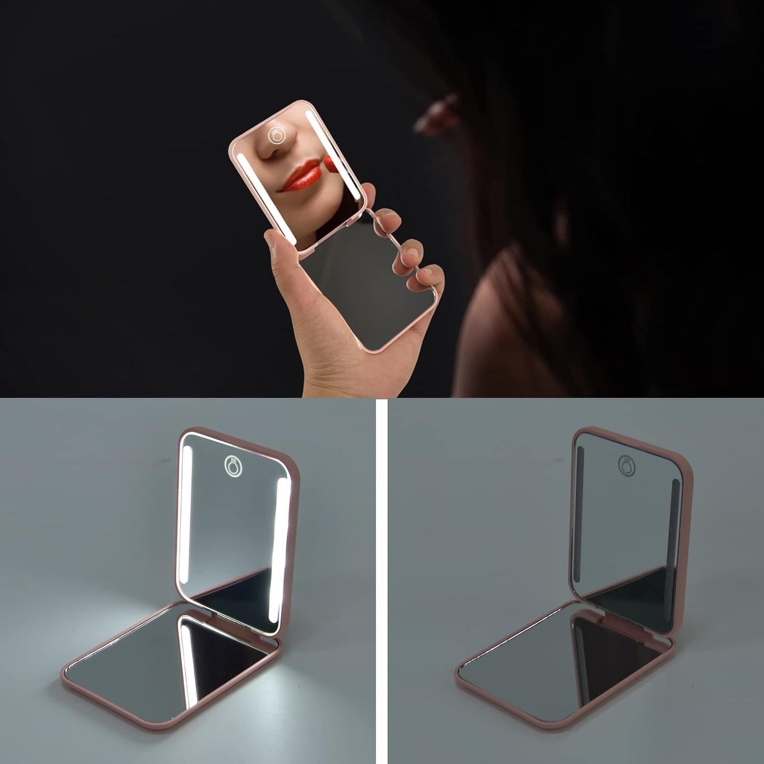 Rechargeable LED Makeup Mirror held by a person, showcasing LED lights and compact design for beauty routines.