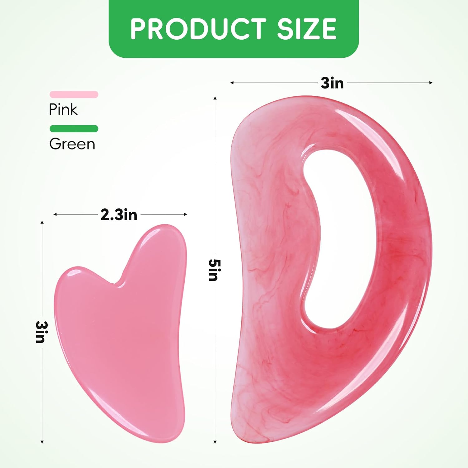 Gua Sha Massage Tool Set size comparison including pink and green tools measuring 3in and 2.3in.