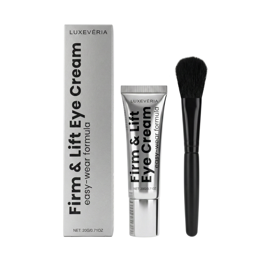 Luxevéria Luxe Eye Lifting Foundation With Brush and eye cream tube with applicator brush.