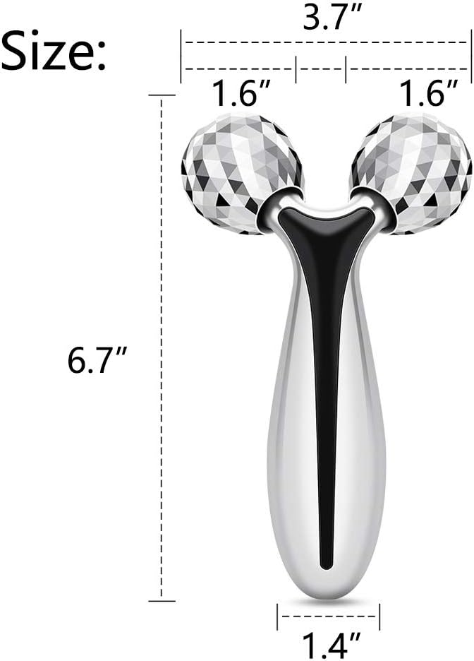 3D Facial Roller showcasing dual-ball design with size dimensions for effective skincare.