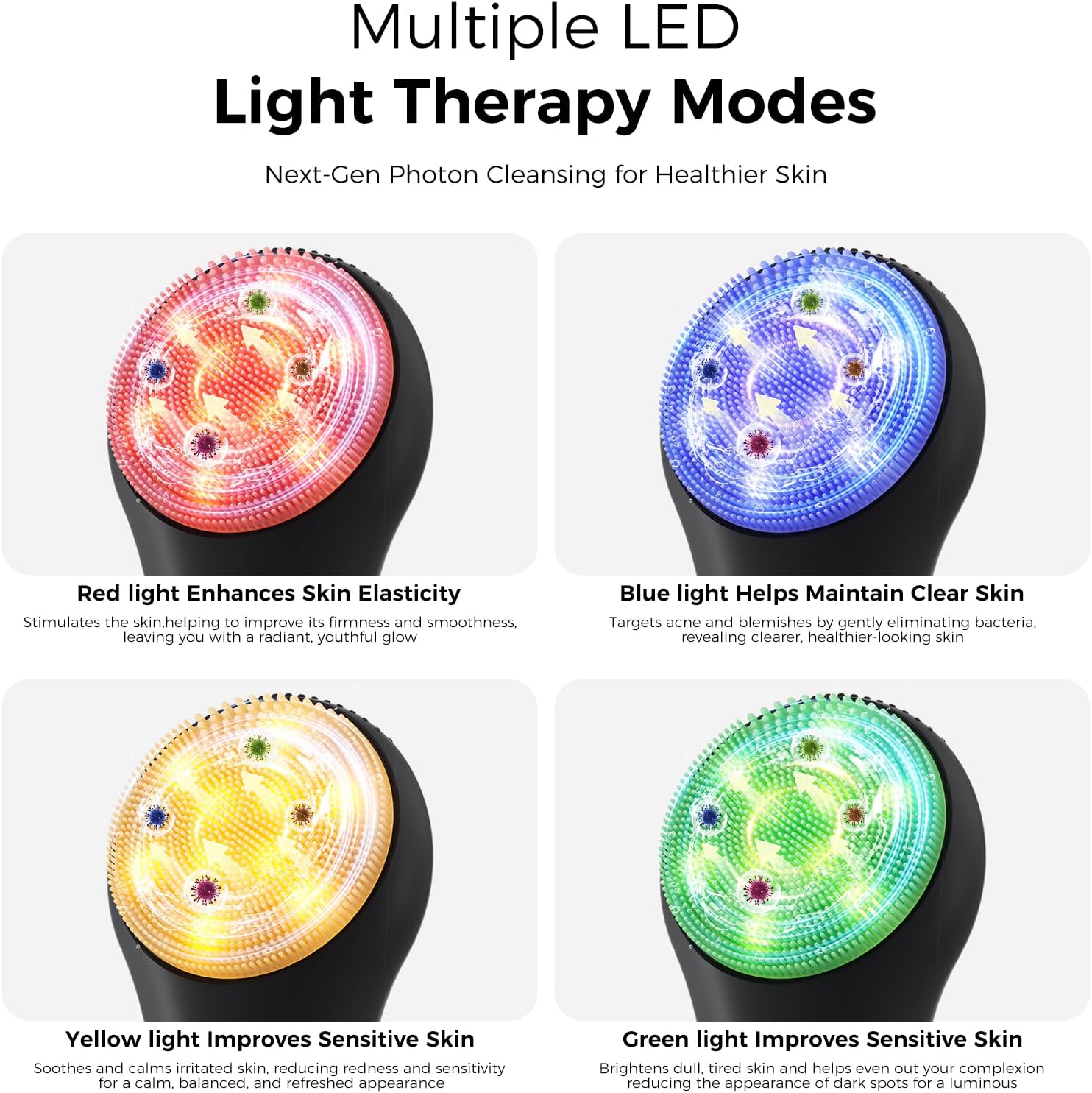 Rechargeable Facial Cleansing Brush with multiple LED light therapy modes for healthier skin.