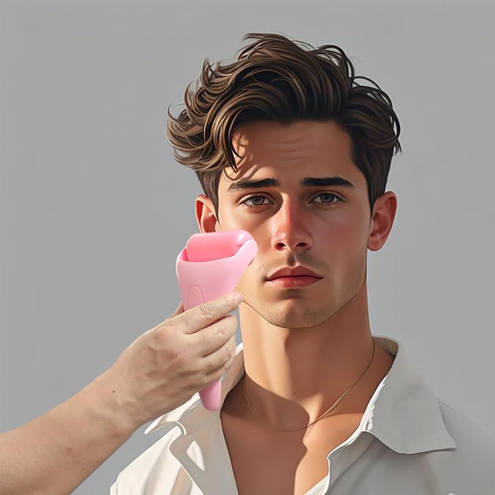 A person using the Ice Roller & Jade Set on a young man's face, showcasing skincare benefits and facial massage.