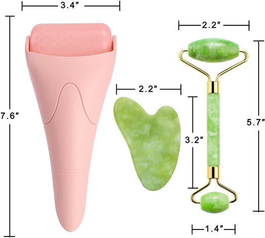 Ice Roller & Jade Set with dimensions for skincare and facial massage tools on a white background.