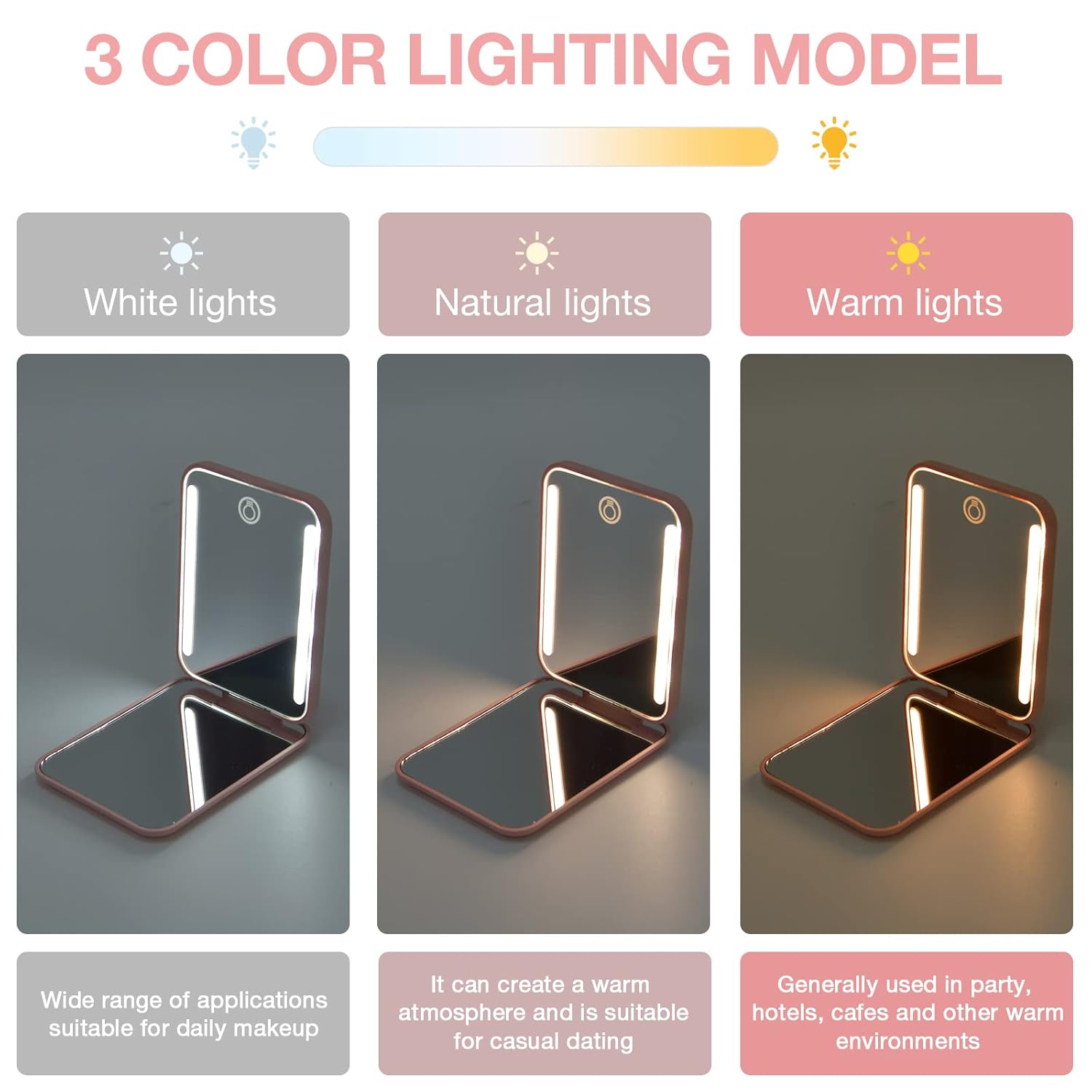 Rechargeable LED Makeup Mirror showcasing 3 color lighting models: white, natural, and warm lights.